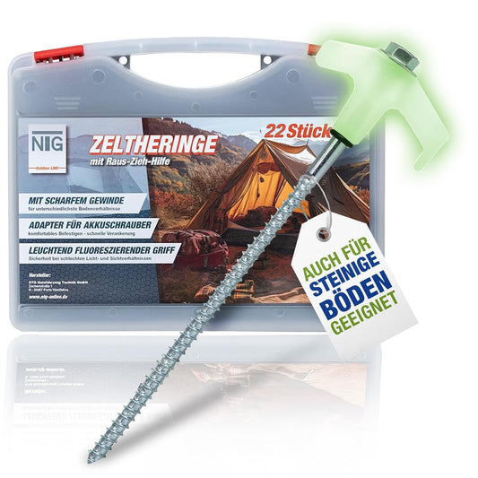 NTG tent pegs with threaded 22 pieces, adapter for cordless screwdriver, also for stone floor light in the dark | Rust protection through galvanizing tent pegs storm pegs ground nails | Set WITH case