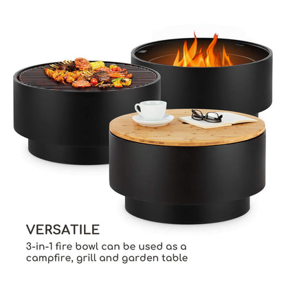 Blumfeldt Pompeii Fire Pit & Grill, Fire Tonne, chrome-plated grill grate, fire pit: Ø 60 cm, grill grate: Ø 56 cm, dimensions: 60 x 40 cm (ØxH), charcoal grid, with bamboo table top, black