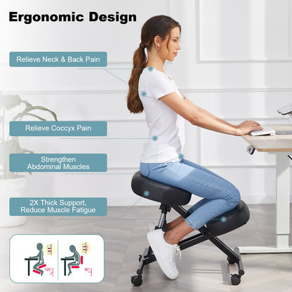 COOCHEER Knee Chair Ergonomic, Adjustable Chair for Office Home, PU Leather Office Stool with Knee Rest to Improve Posture, Desk Chair with Wheels, 3" Cushion