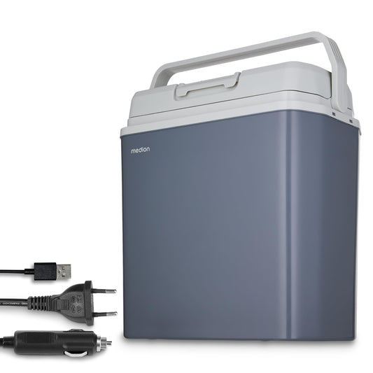 MEDION mobile electric cooler box 2in1 cooling and warming (24 liters, thermo-electric, mini fridge, 3in1 connection 5V USB, 12V & 230V, for car, motorhome, camping, garden, pool, MD13011)