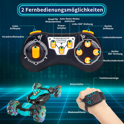 Dysaim Remote Control Car for 6 7 8 9 10 11 12 Year Old Boys Girls Christmas Birthday Gifts Indoor & Outdoor 2.4 GHz RC Offroad Twist Stunt Car 2 Battery Music Racing Car Hand Control Toy