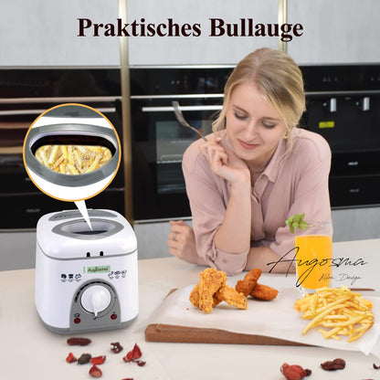 Augosma Mini Deep Fryer With Oil | 850-950W | Capacity: 1 Liter | Viewing Window | Stainless Steel Frying Basket | Adjustable Temperature | Heat Insulated | Non-Slip Rubber Feet | White