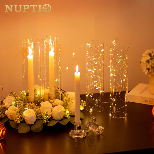 NUPTIO glass cylinder for candles candle holder clear glass - set of 2 candle stands for taper candles taper candle holder tall bottomless cylinder shade wedding party table centerpiece decor