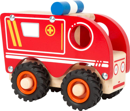 Small foot ambulance wooden emergency vehicle with loading area and rubber wheels, for ages 18 months and up. 11076