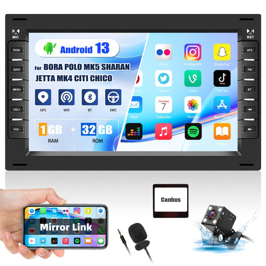 Android 13 double DIN car stereo for VW T5, Golf 4, Bora, Polo MK5, Sharan, Jetta, Peugeot 307 with Mirror Link, 7-inch touchscreen radio with Bluetooth, WiFi, GPS, FM/RDS EQ, SWC, AHD rearview camera, and mic.
