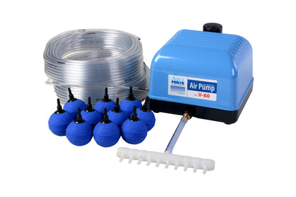 AquaForte Hi-Flow V-60 Air Pump Set, complete with air distributors, 50 m hose 4 x 6 mm, and 10 air stones 5 cm. Capacity at 2 meters 40 liters per minute. Maximum pond size 36 m3.