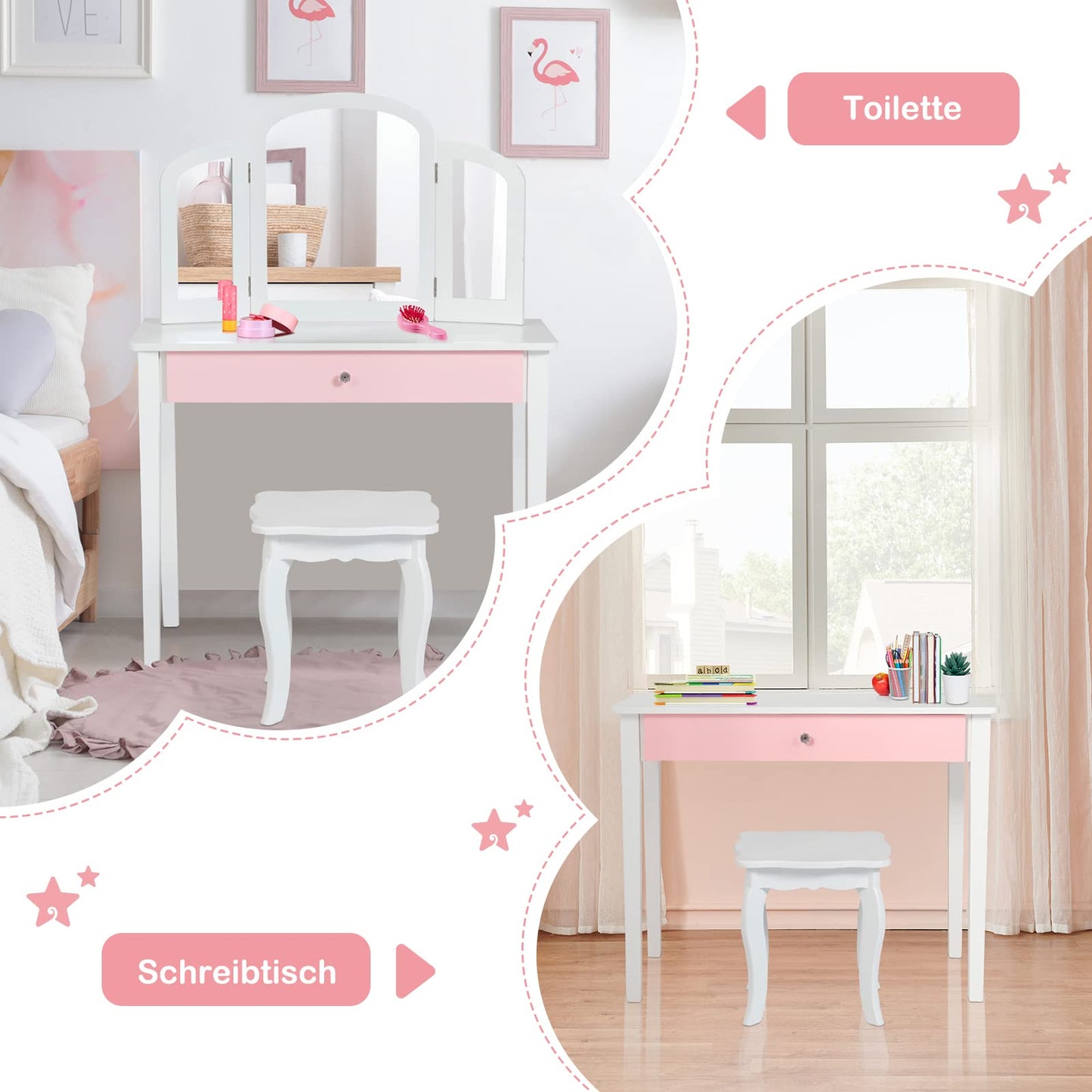 GOPLUS 2 in 1 Kids Vanity Table, Dressing Table & Chair, Makeup Table with Removable 3-Fold Mirror & Drawer, Padded Stool, made of wood, in country style, Children's Vanity Table for Girls (White)