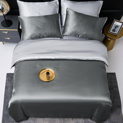 YASMENG Satin Bedding 220x240 Dark Gray Light Gray Duvet Cover Set Deluxe Silk Reversible Bedding 3 Pieces With Zipper And 2 Pillowcases 80x80 cm - Smooth Shiny Silky