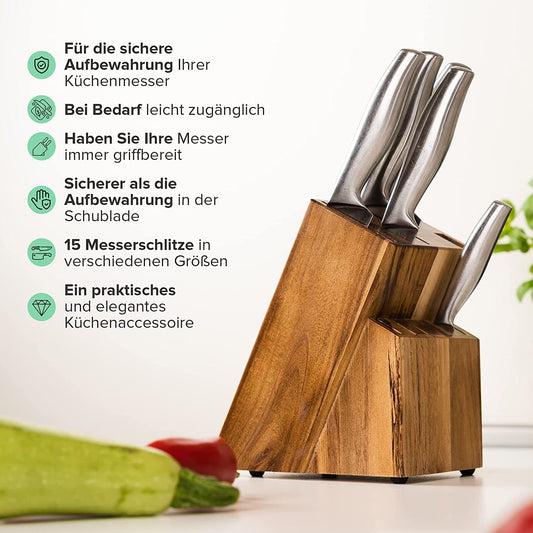 Coninx knife block made of acacia wood | Knife holder with 15 slots for chef knives | Wood knife block without knives | Fits 15 knives, sharpening steel | Knife holder for kitchen knives | 13 x 19 x 22 cm