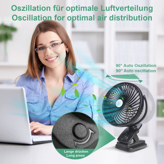 Oscillation table fan 10000mAh Mini USB fan Stepless speed, Quiet clip fan with LED light, Portable hanging hook camping clip fans 100 hours rechargeable, Ø 18 cm