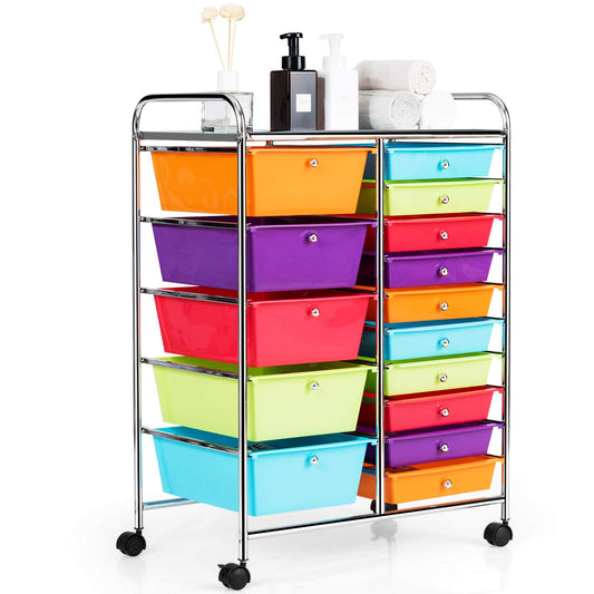 GOPLUS rolling cart with 15 stackable drawers, color options available. Perfect for household, bathroom storage, and organization.