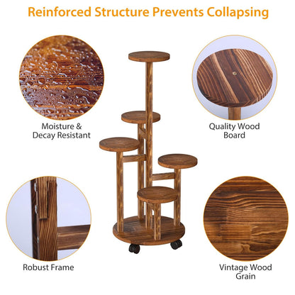 Wuciray Flower Stand Wooden Plant Stand with Wheels 5-Tier Plant Ladder Plant Shelf Flower Bench Flower Shelf Flower Stairs Balcony Shelf Indoor Outdoor Patio decor Apartment