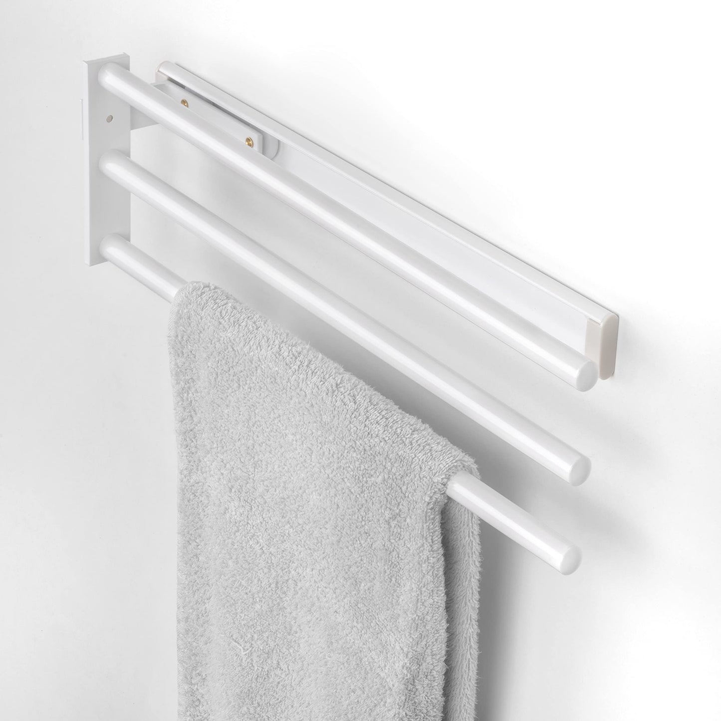 Emuca - Extendable towel rack, 3 arms, towel holder for kitchen or bathroom, 440mm, aluminum, white.