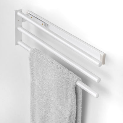 Emuca - Extendable towel rack, 3 arms, towel holder for kitchen or bathroom, 440mm, aluminum, white.