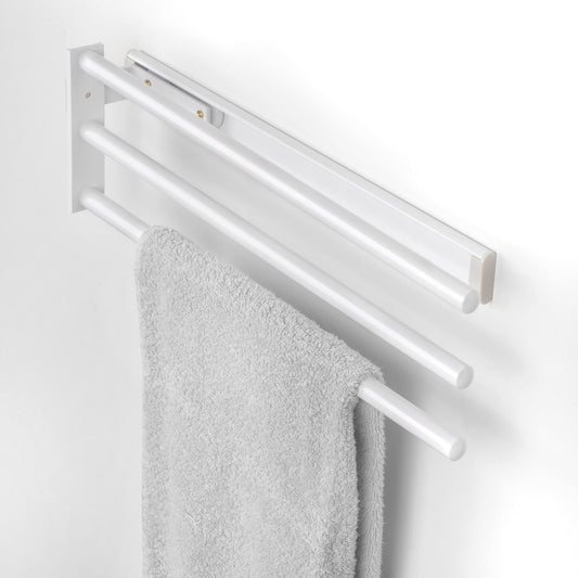Emuca - Extendable towel rack, 3 arms, towel holder for kitchen or bathroom, 440mm, aluminum, white.