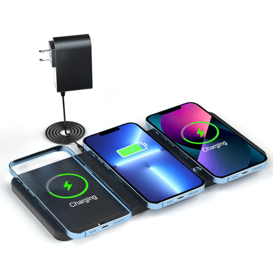 3-in-1 Wireless Charger Pad, 15W Max Inductive Charging Station for Apple iPhone 16/15/14/13/12/Pro/Max Qi Triple Wireless Charger for AirPods, Black (With Adapter)