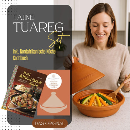 Tajine, original from Morocco, including cookbook North African cuisine, clay pot for cooking, Tuareg Ø 26cm, for 1-3 people, handmade from Marrakesh, free of pollutants.