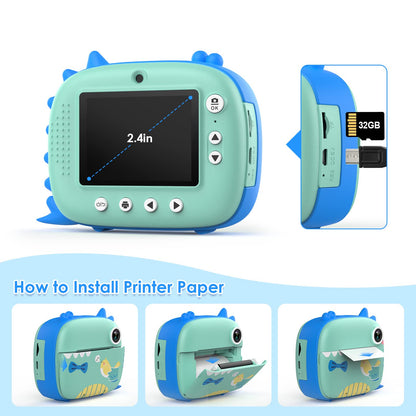 HiMont Kids Camera Instant Camera, Digital Camera for Kids with Printing Paper & 32G TF Card, Video Camera with Colored Pens & Fun Accessories, Gift for Children 3-14 Years Old (Blue)