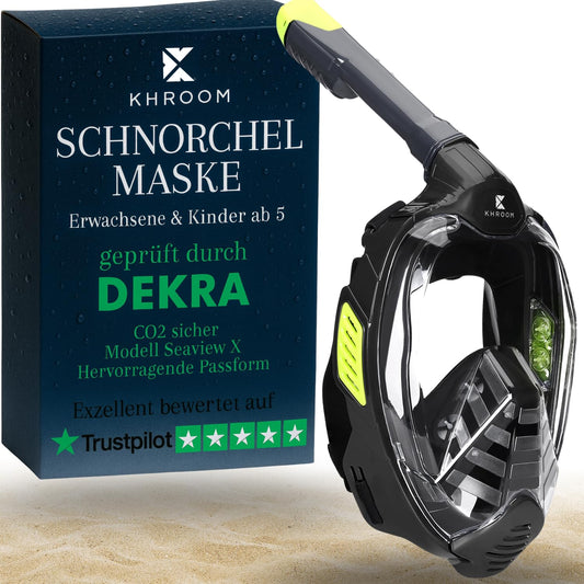 Khroom Snorkel Mask for Adults & Kids | DEKRA certified CO2 safety | Seaview X Full Face Dive Mask | Snorkeling Gear / Snorkel Set Alternative (L-XL, Black)