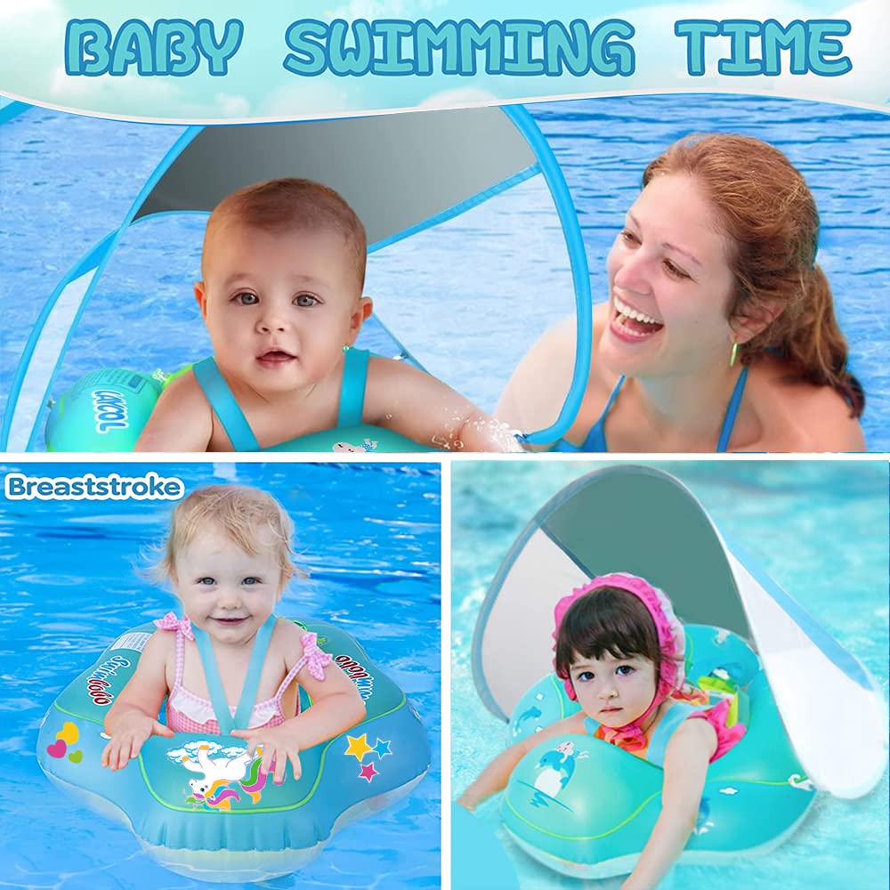 Baby swim ring with removable sun canopy, adjustable shoulder straps for sun protection. Inflatable swim ring for babies, swim trainer float for ages 3-36 months.