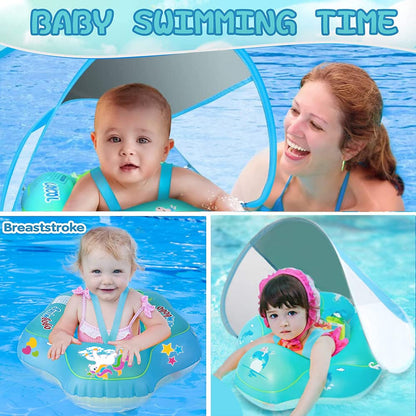 Baby swim ring with removable sun canopy, adjustable shoulder straps for sun protection. Inflatable swim ring for babies, swim trainer float for ages 3-36 months.