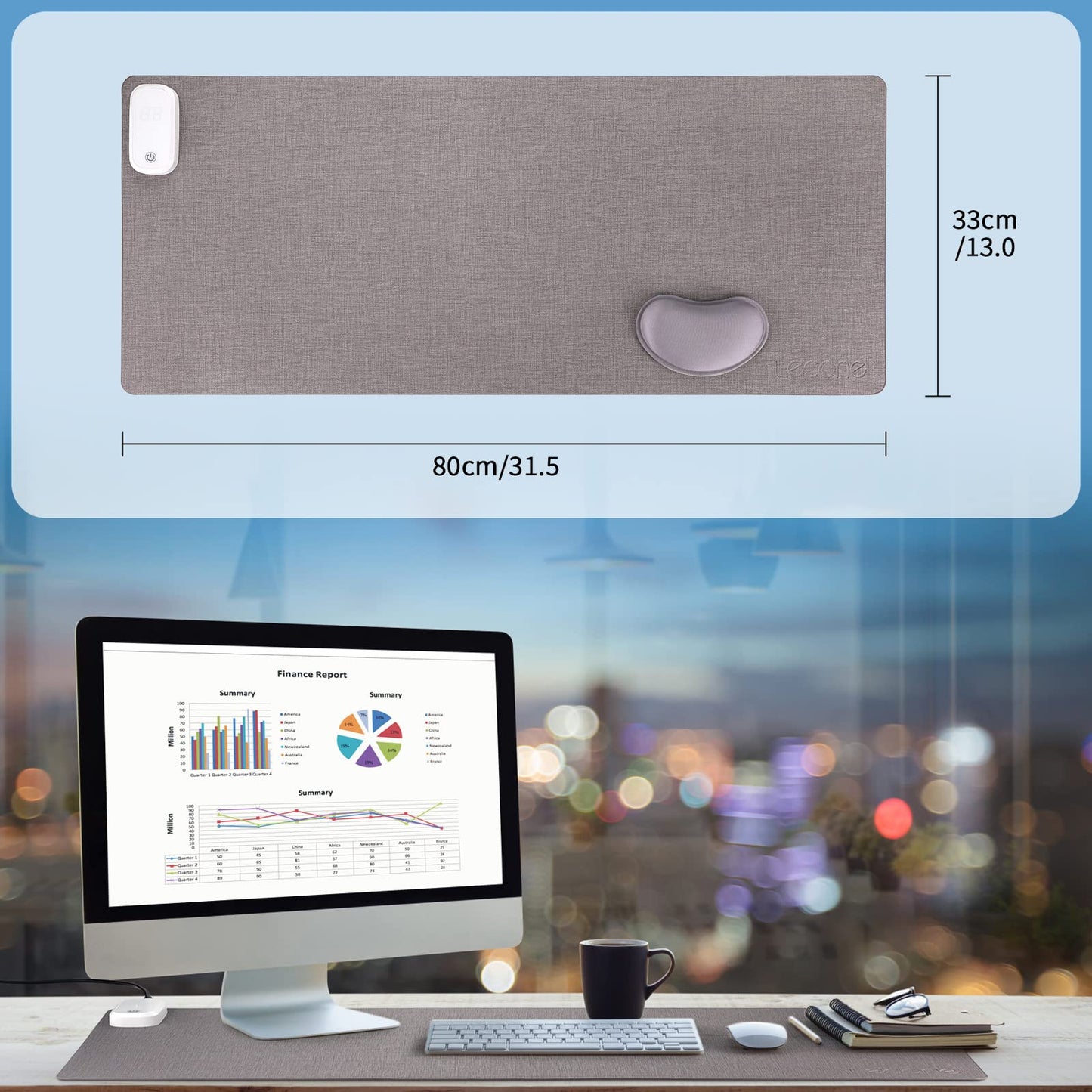 Lecone desk mat heated mouse pad with heating function, 80*33cm large mouse pad with 3 heating levels, heated desk mat, heated desk pad for PC/laptop/home/office.