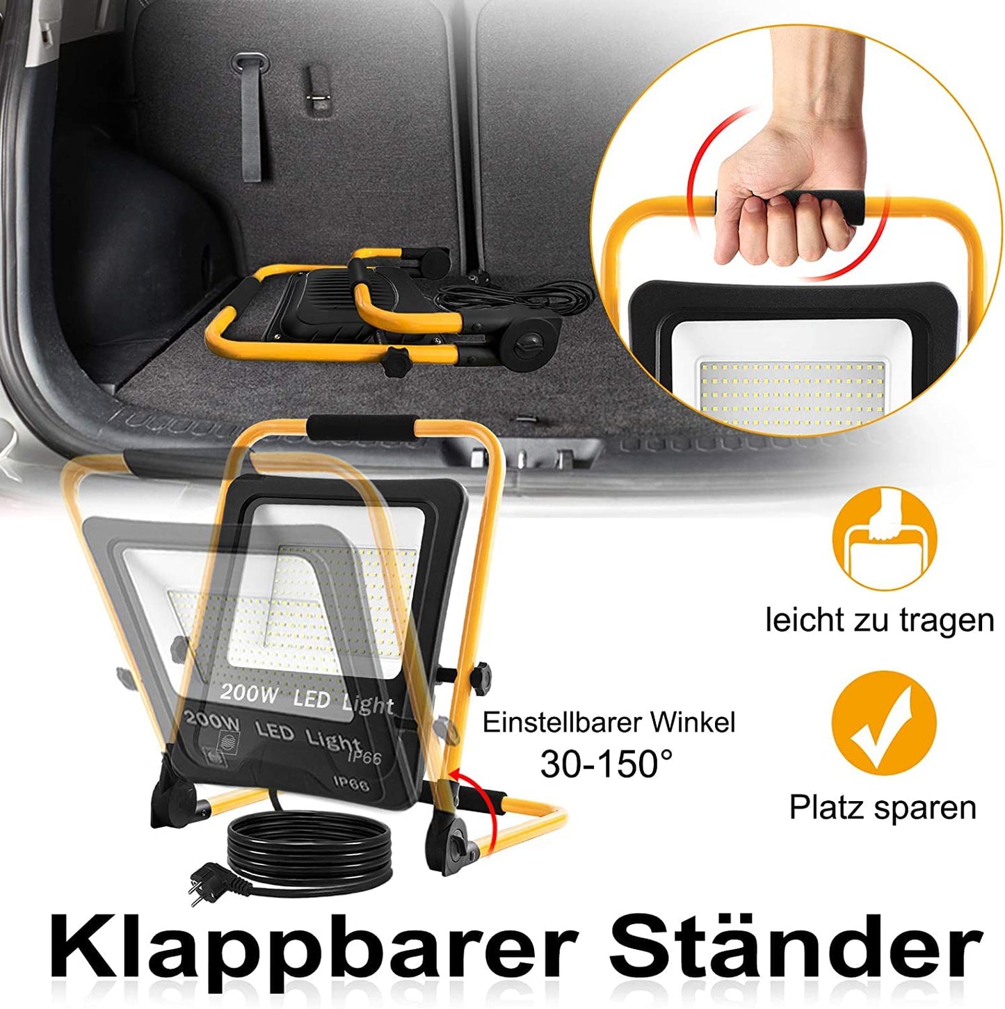 UISEBRT LED construction spotlight 100W cool white including stand and power cord - LED floodlight work light waterproof IP66 for indoor and outdoor use - garage, garden, sports field, construction site