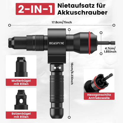Beaspire 2 In 1 Rivet Nut Gun Attachment Rivet Gun for Cordless Drill & Drill, Electric Rivet Nut Tool Set for 2.4-6.4 mm Rivets, Rivet Nut Gun Set for M3-M12 Nuts