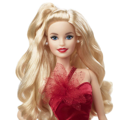 Barbie HBY03 - Signature Holiday Doll 2022 (Blonde Hair) in red dress, with red lipstick and golden earrings, toy for children aged 6 and up.