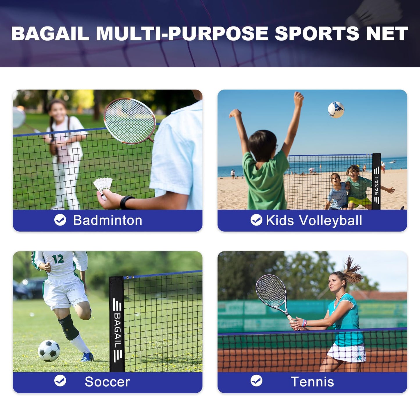 BAGAIL badminton net, foldable nylon net, adjustable stand and carrying bag, easy to set up and take down, ideal sports net for tennis, badminton, or volleyball.