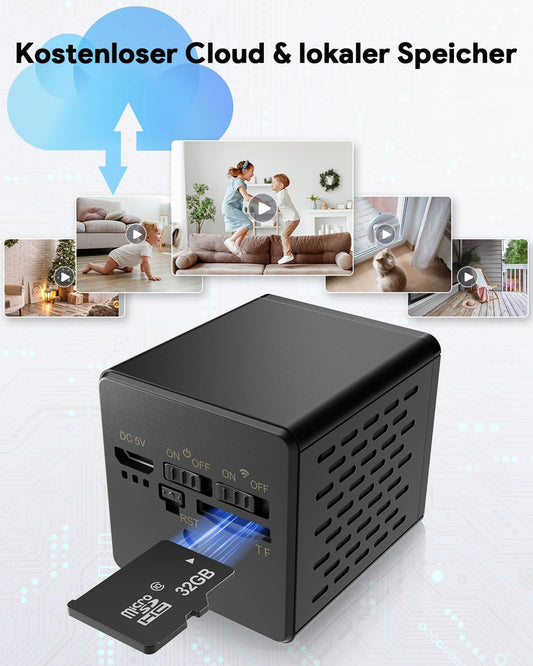 Mini Surveillance Camera | Free Cloud Storage & SD Card Storage | Smallest 4K HD Wifi Indoor Camera for Home Security | Night Vision, Motion Detection | 3000mAH Battery | with 32GB Memory Card