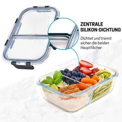 Igluu Meal Prep Glass Food Storage Containers with BPA-free lid (3-pack) - microwave, oven, freezer, dishwasher safe, leak-proof - 980 ml - with 2 compartments - durable borosilicate glass