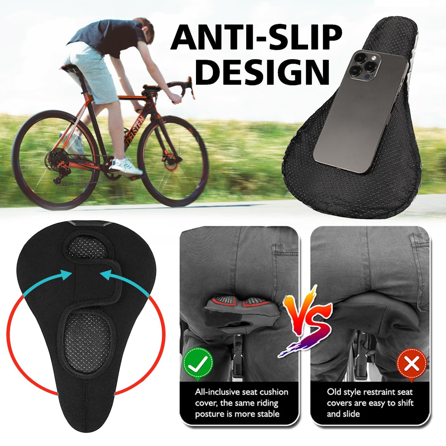 auvstar Bike Seat Cover, Bicycle Saddle Cushion, Ergonomic Gel Bike Saddle Cover for Women/Men, Seat Cover with Rain Protection, Bike Gel Cover Seat Cushion Saddle Protection Soft (Red)