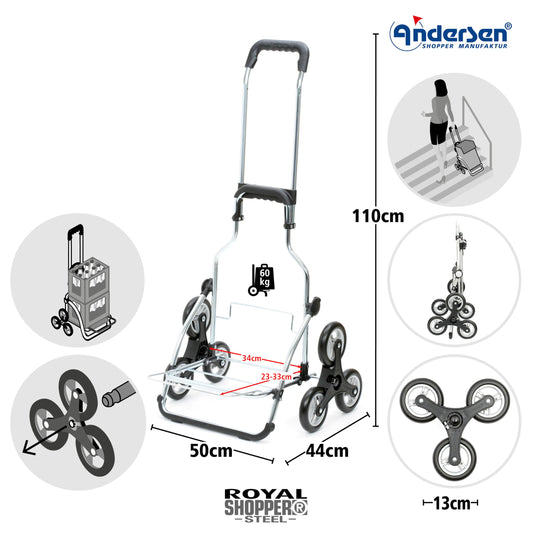 Andersen shopping trolley - foldable - 49 liters - stair climber - load capacity 60 kg - steel frame - trolley - wheel Ø 3 x 13 cm - Royal Shopper Steel Holly black