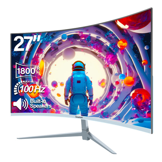 Gawfolk Curved Monitor 27 inch 100Hz with speakers, 1800R Curved PC screen FHD 1080P, White computer screen with Eye Care technology HDMI VGA, supports VESA.