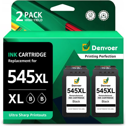 Denvoer PG-545 XL is a black replacement for Canon 545 XL printer cartridges for Canon PIXMA TS3350, TS3450, MX495, TR4550, TR4650, TS3451, TS3351, TS3355, TS3150, TS3452, and TR4651 printers. Includes 2 black cartridges.