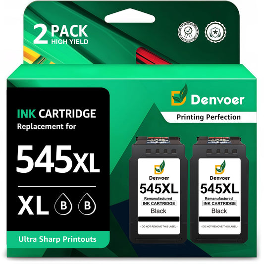 Denvoer PG-545 XL is a black replacement for Canon 545 XL printer cartridges for Canon PIXMA TS3350, TS3450, MX495, TR4550, TR4650, TS3451, TS3351, TS3355, TS3150, TS3452, and TR4651 printers. Includes 2 black cartridges.