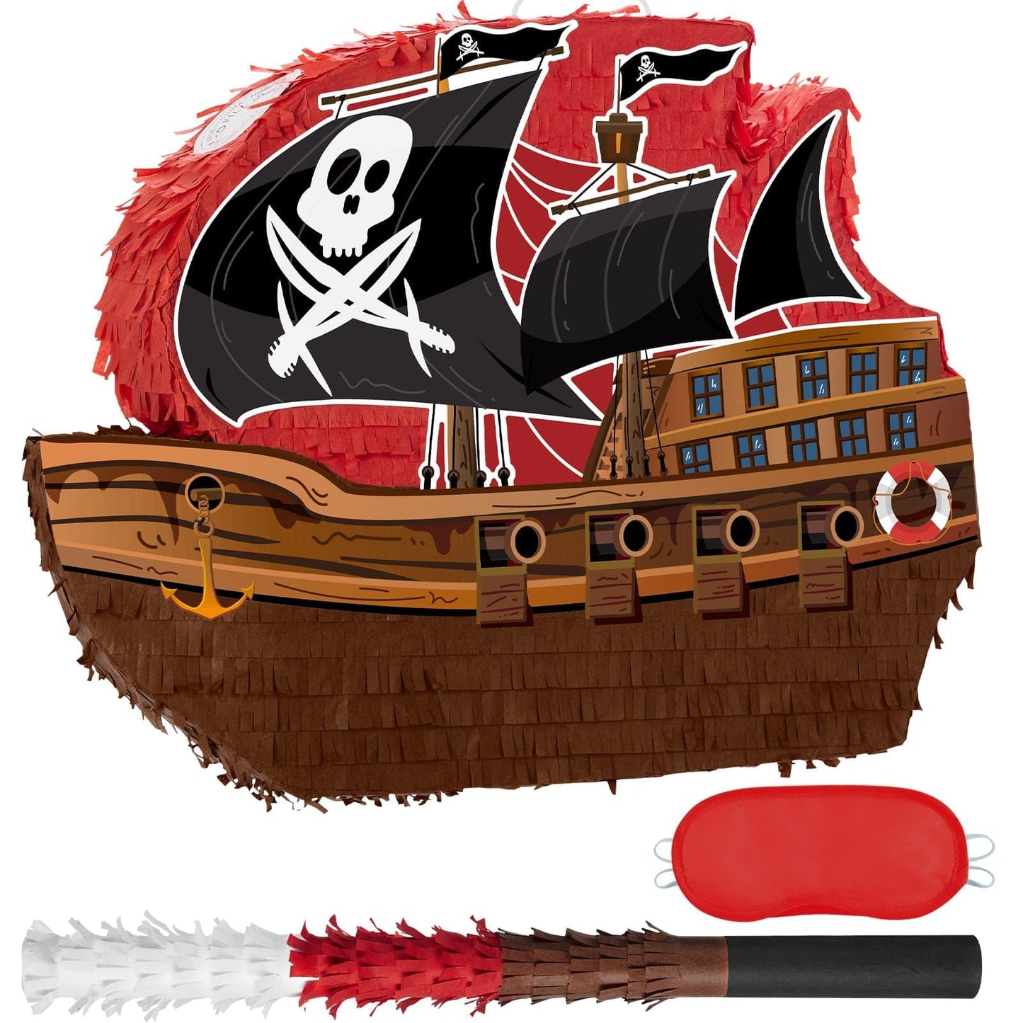 WERNNSAI Pirate Piñata - Pirate ship piñata with blindfold and bat for boys and kids Caribbean pirate party gifts for birthdays decorations family games pirate party supplies