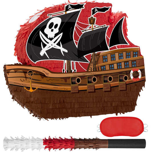 WERNNSAI Pirate Piñata - Pirate ship piñata with blindfold and bat for boys and kids Caribbean pirate party gifts for birthdays decorations family games pirate party supplies