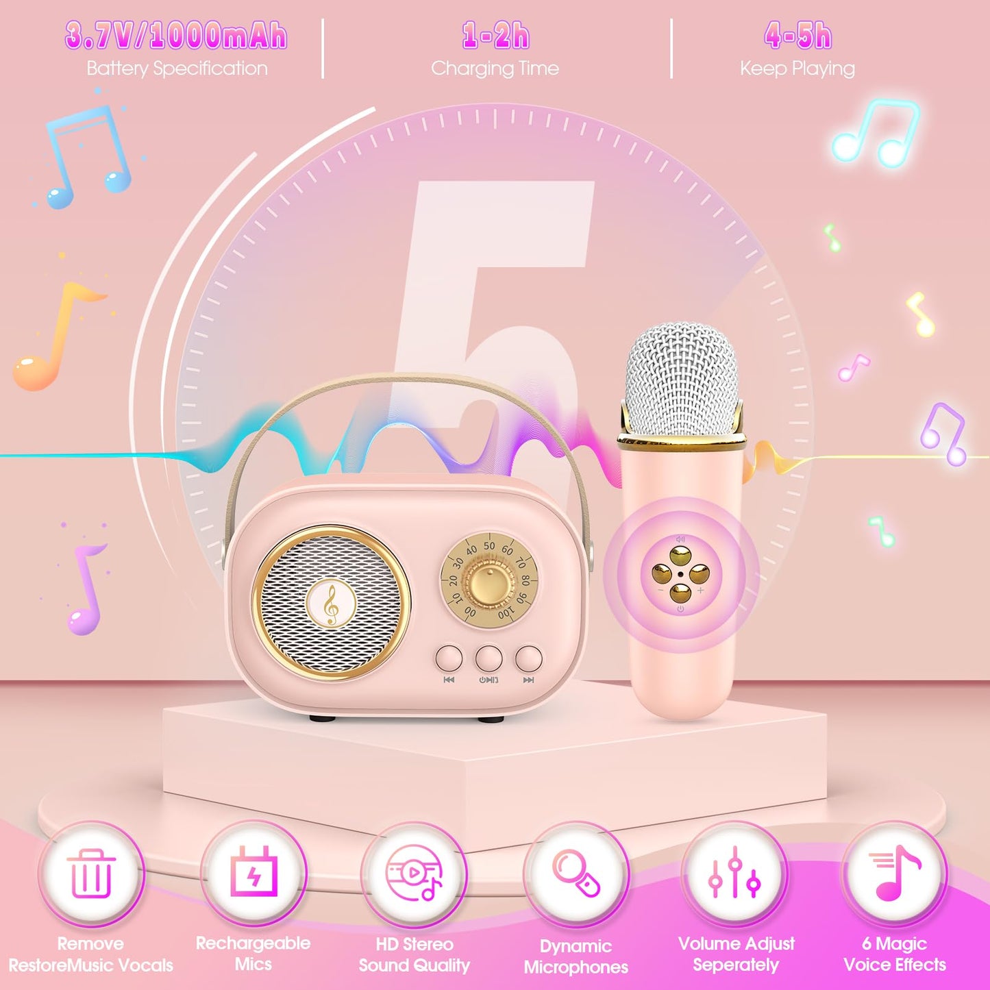 Dislocated Bluetooth Microphone Karaoke Children, Excellent Music Toy for Girls 4-12 Years Kids1 (Pink)