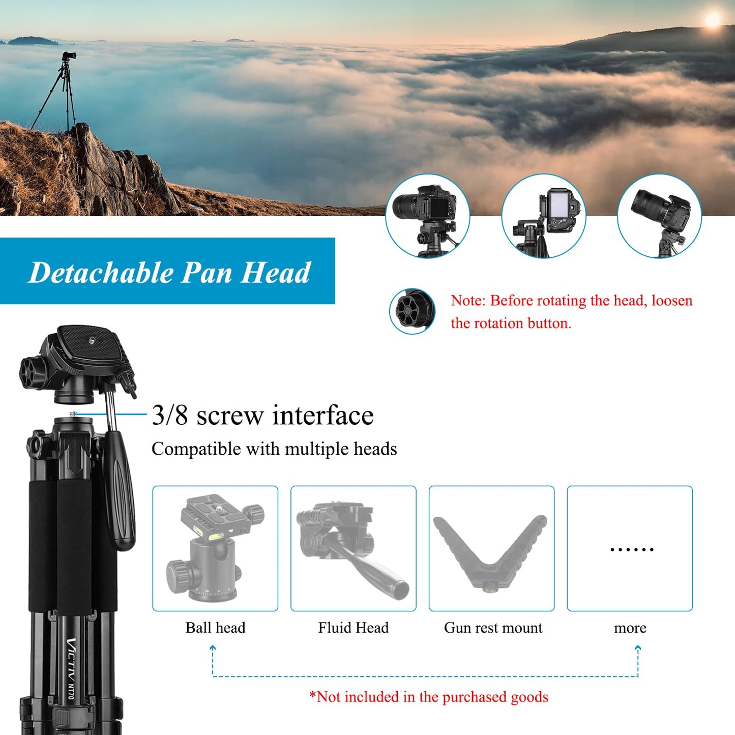 Victiv Camera Tripod with 52–160-185cm height, lightweight tripod with detachable 3-way head, aluminum camera stand for DSLR Canon Nikon Sony, tripod for smartphone with phone holder.