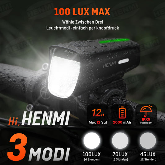 HENMI LED front bike light 100 LUX, StVZO approved front bike lamp, IPX5 waterproof bike light USB Type C with low battery warning and 3 brightness modes bike light.