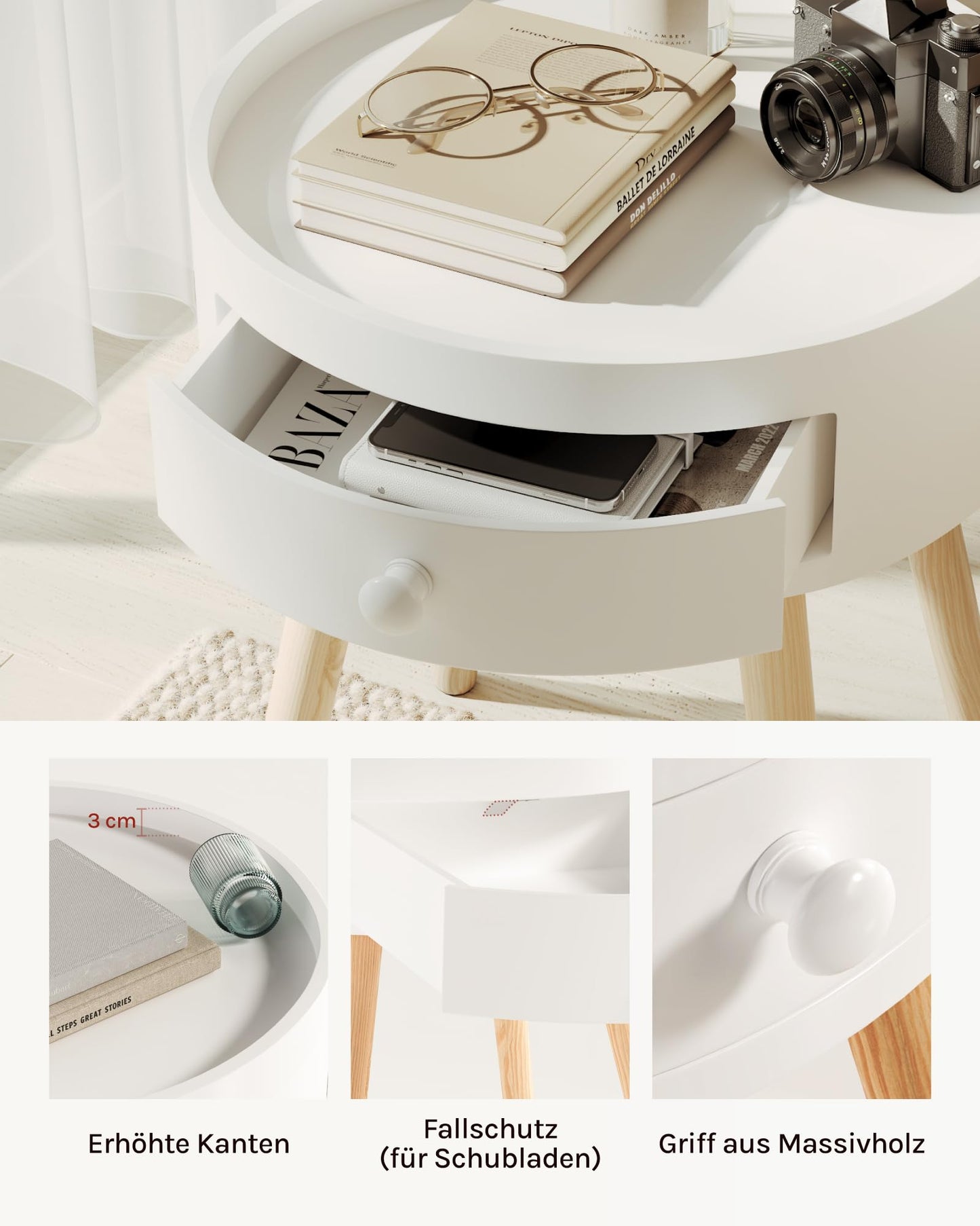 WOLTU Set of 2 Nightstands Bedside Tables Nightstands Side Table, with Drawer, with Legs, Wood, MDF, White, TS111ws-2