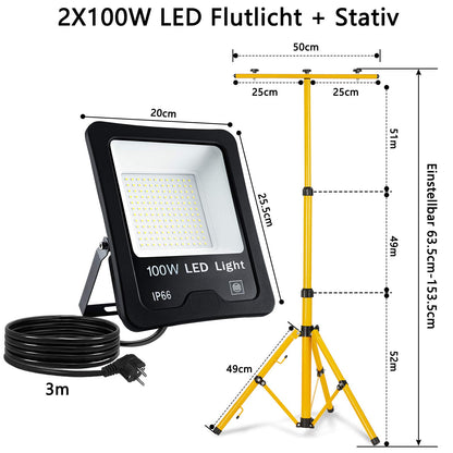LZQ 2x 100W LED Floodlights Super bright IP66 Waterproof LED Floodlight 6000 Kelvin Cold White Outdoor Spotlight Floodlight Spotlight Light with 150cm Yellow Telescopic Tripod for LED Floodlights