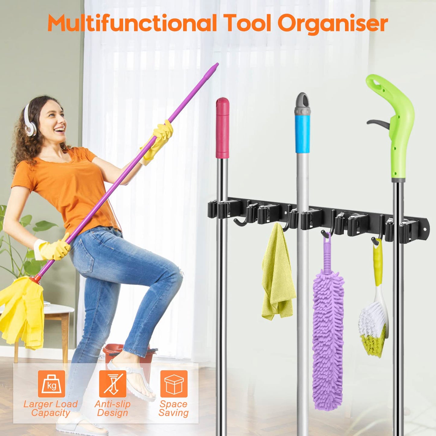 2 pieces of broom holder wall, ibell tool holder stainless steel with 10 slots and 8 hooks, mop holder wall mount garden tool holder wall hook self-adhesive tool holder for bathroom garden garage.