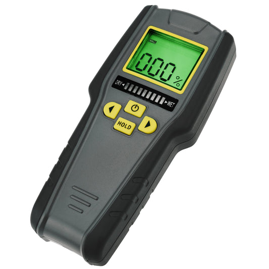 4-in-1 moisture meter without pins with digital LCD display featuring tricolor graphics for drywall, masonry, softwood, and hardwood with auto calibration & alarm.