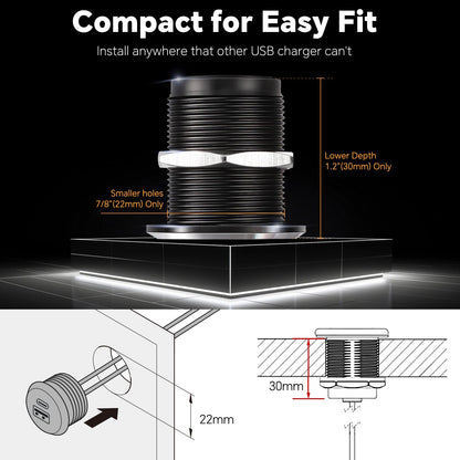 12V USB socket for RVs made of aluminum, with 24W Type C PD3.0 connection and QC 3.0. Perfect for boats, caravans, campers, trucks.