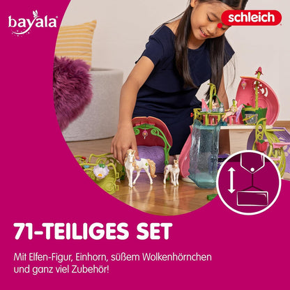 SCHLEICH BAYALA | Sparkling Flower House with unicorns, lake, and stable 42445 | Set includes elf, cloud squirrel, and accessories | great gift for girls and boys | playable figure from 5 years | 71 pieces