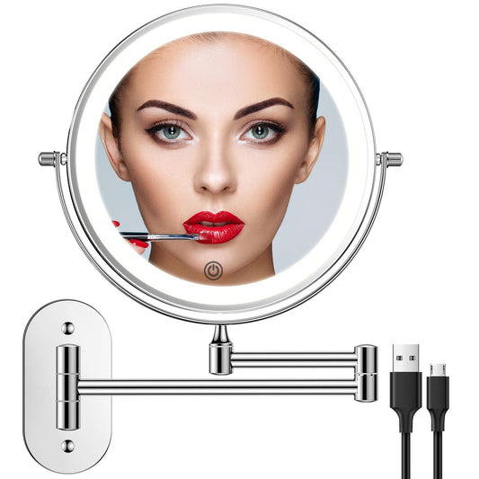 FUNTOUCH Rechargeable Cosmetics Mirror with LED Lighting, 1X 10X Mirror Magnification Wall Mount, Dimmable Shaving Mirror 3 Colors, Touchscreen, 360° Rotatable, Makeup Mirror for Bathroom