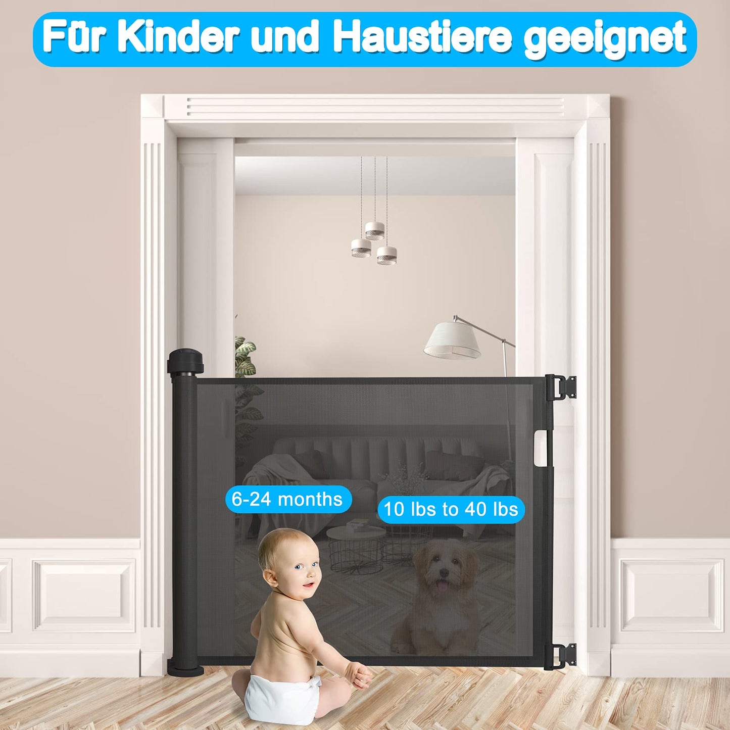 NAIZY Stair Gate Retractable Roller Door Guard 87 x 0-180 cm Barrier Gate Staircase Roller Baby Door Roller Suitable for Stairs Doors Indoor & Outdoor, Black